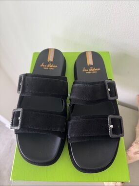Sam Edelman Black Suede Double-Strap Buckle Slides
